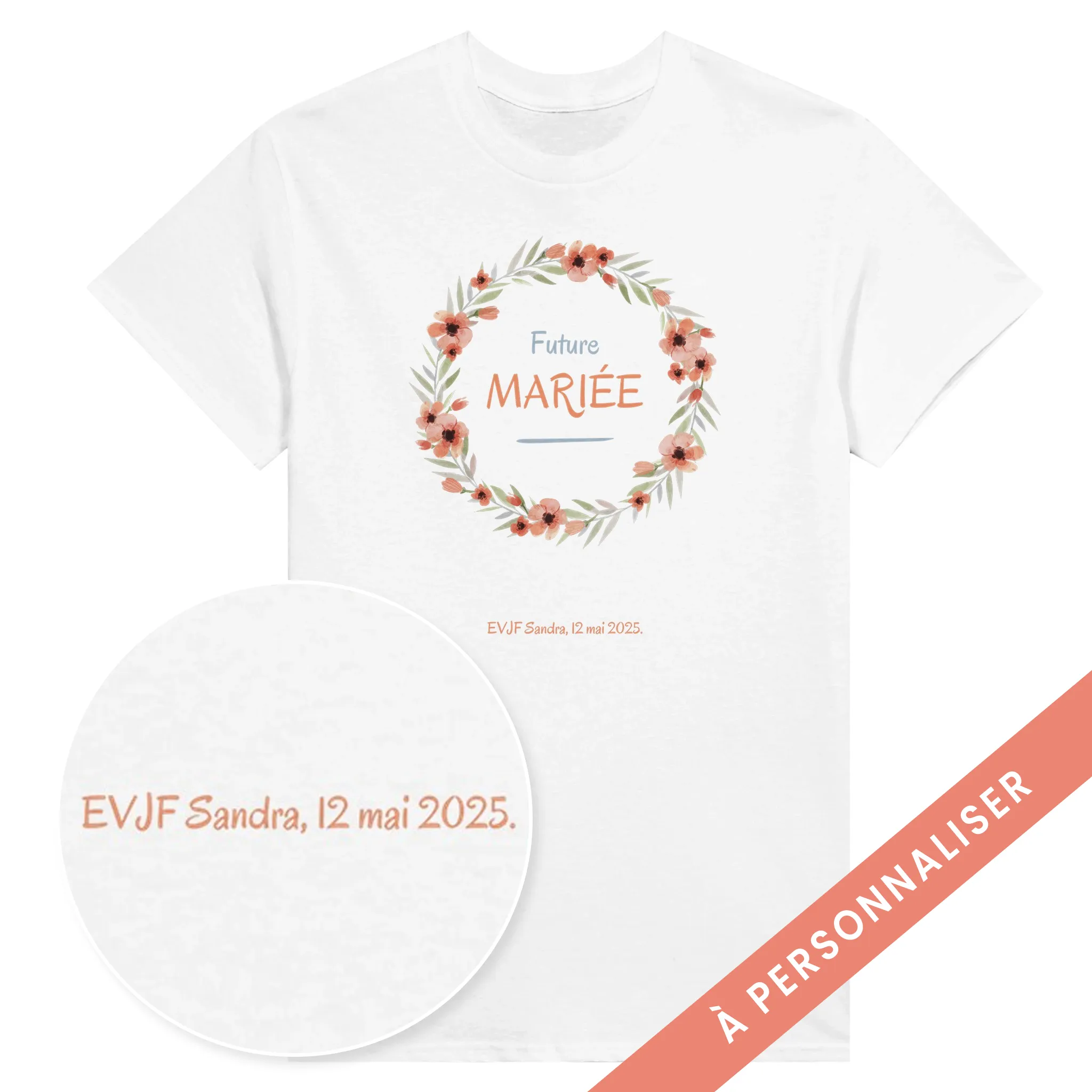 t-shirt evjf à personnaliser - couronne de fleurs, future mariée
